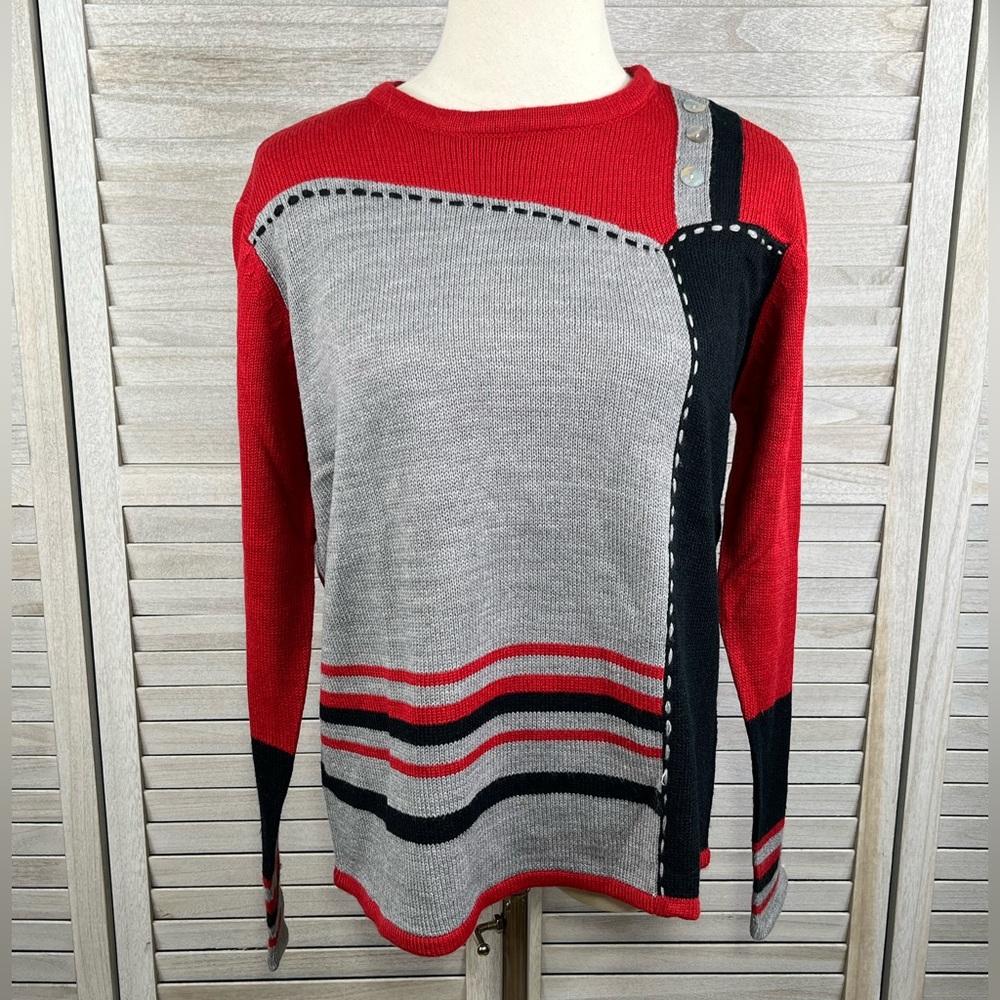 SARA MORGAN Vintage 80's-90's Colorblock Sweater Red, Black, Gray-Medium